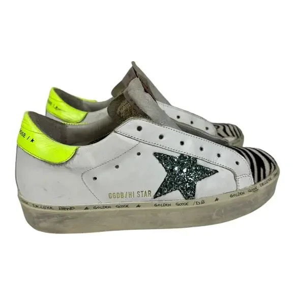Golden Goose GGDB Hi Star Sneakers 37 7 Zebra Glitter Star Platform Distressed - Picture 3 of 14
